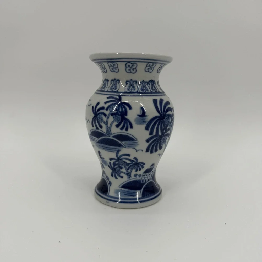 Blue and White Porcelain Bud Vase Palm Tree Tropical Coastal Decor 5.5 Inch